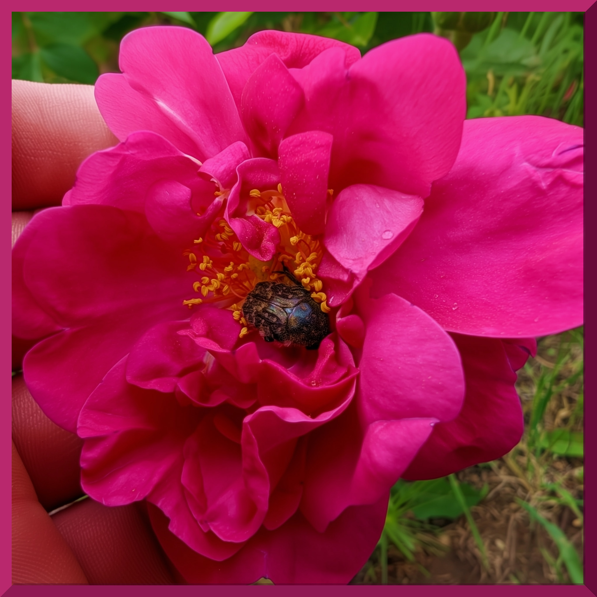 Une rose centifolia butinée par une cétoine cuivrée